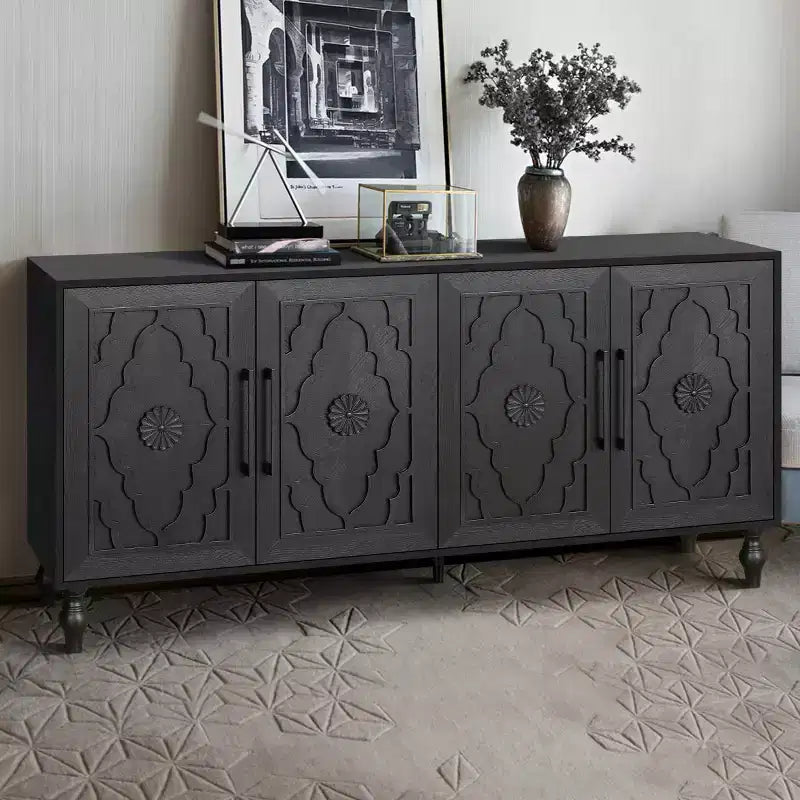Kitchen Cabinet with 4 Carved Flower Doors, Decorative Sideboard Buffet Storage Cabinet for Dining Room, Living Room - Panipeachy
