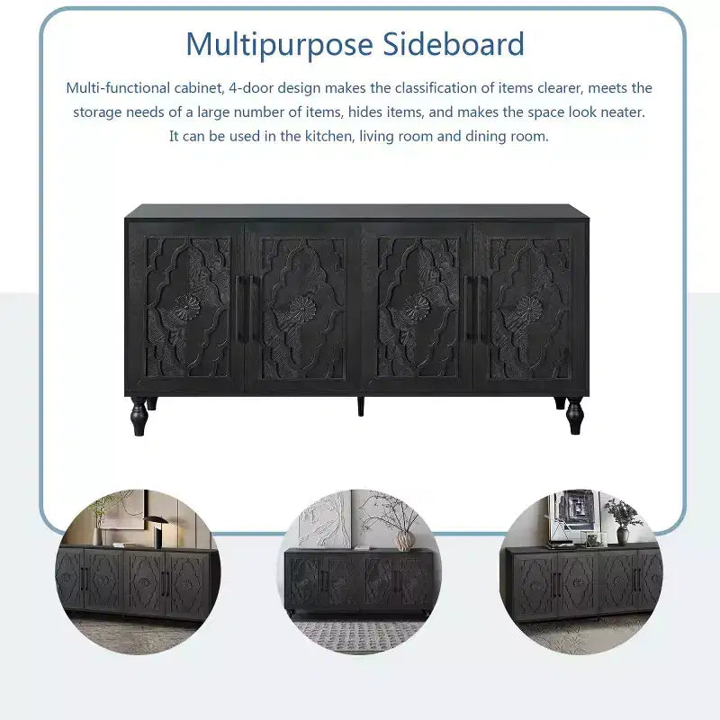 Kitchen Cabinet with 4 Carved Flower Doors, Decorative Sideboard Buffet Storage Cabinet for Dining Room, Living Room - Panipeachy