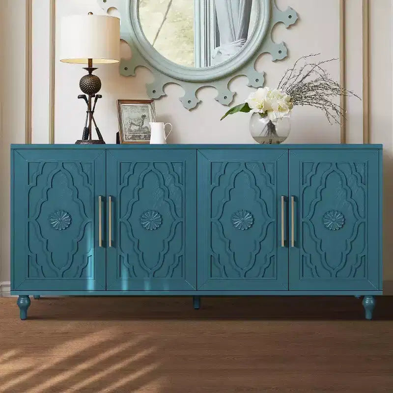Kitchen Cabinet with 4 Carved Flower Doors, Decorative Sideboard Buffet Storage Cabinet for Dining Room, Living Room - Panipeachy
