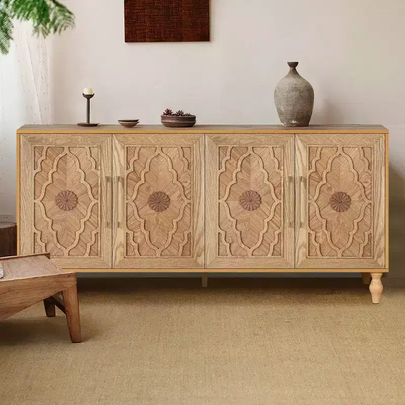 Kitchen Cabinet with 4 Carved Flower Doors, Decorative Sideboard Buffet Storage Cabinet for Dining Room, Living Room - Panipeachy