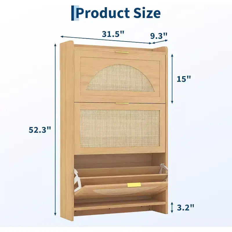 3 Flip Drawers Wood Shoe Storage Cabinet, Shoe Cabinet Freestanding with Rattan Doors & Adjustable Shelves for Entryway, Closet, Hallway