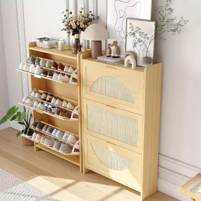 3 Flip Drawers Wood Shoe Storage Cabinet, Shoe Cabinet Freestanding with Rattan Doors & Adjustable Shelves for Entryway, Closet, Hallway