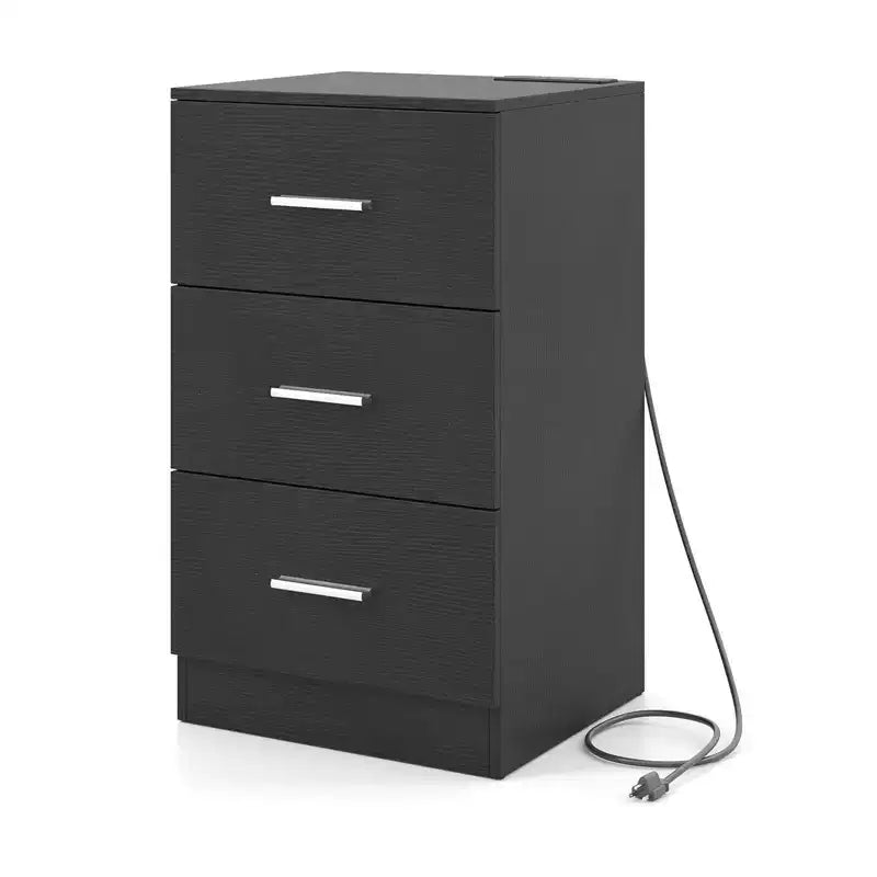 Costway 1/2 PCS Nightstand with Charging Station, 3 Storage Drawers for Bedroom, Living Room White/Black/Natural