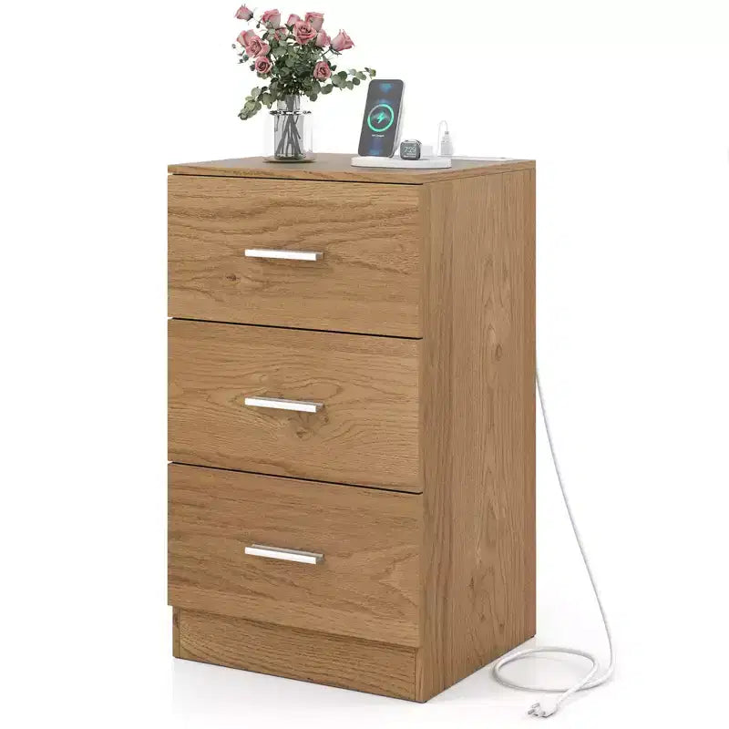 Costway 1/2 PCS Nightstand with Charging Station, 3 Storage Drawers for Bedroom, Living Room White/Black/Natural