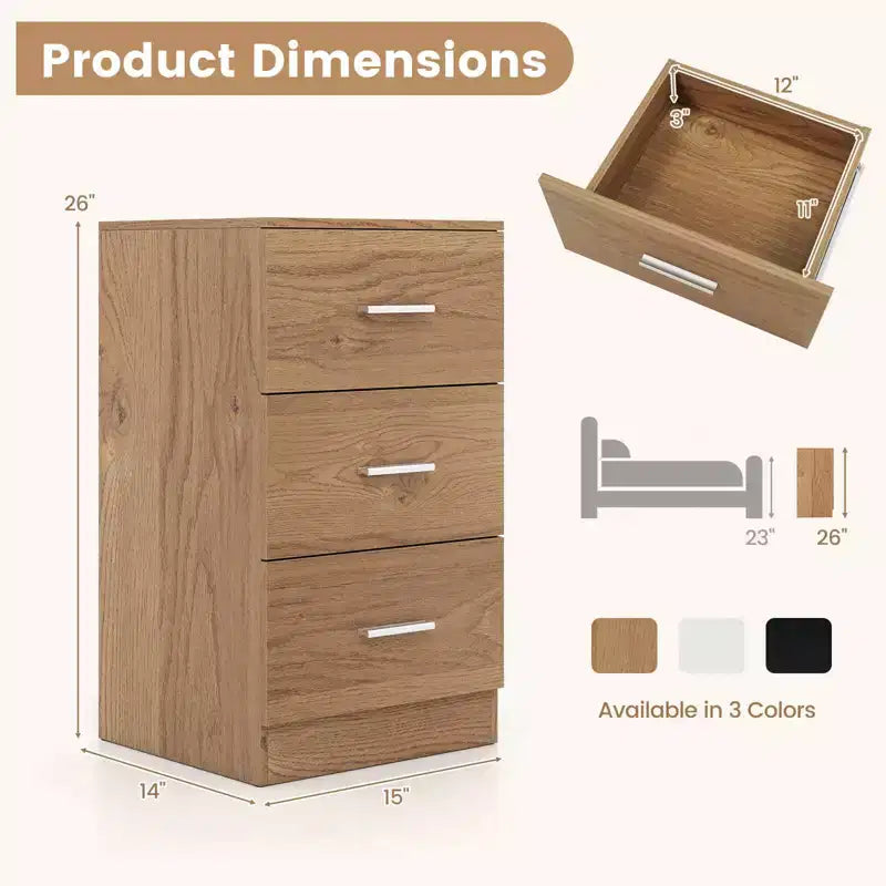 Costway 1/2 PCS Nightstand with Charging Station, 3 Storage Drawers for Bedroom, Living Room White/Black/Natural