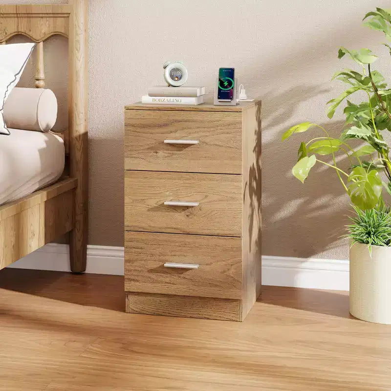 Costway 1/2 PCS Nightstand with Charging Station, 3 Storage Drawers for Bedroom, Living Room White/Black/Natural