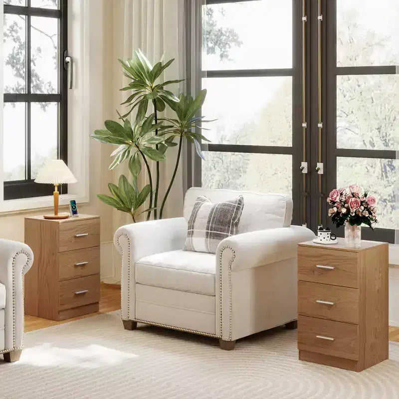 Costway 1/2 PCS Nightstand with Charging Station, 3 Storage Drawers for Bedroom, Living Room White/Black/Natural