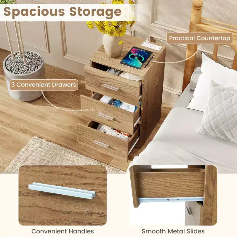 Costway 1/2 PCS Nightstand with Charging Station, 3 Storage Drawers for Bedroom, Living Room White/Black/Natural
