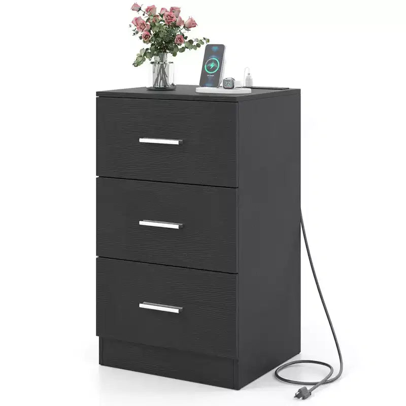 Costway 1/2 PCS Nightstand with Charging Station, 3 Storage Drawers for Bedroom, Living Room White/Black/Natural