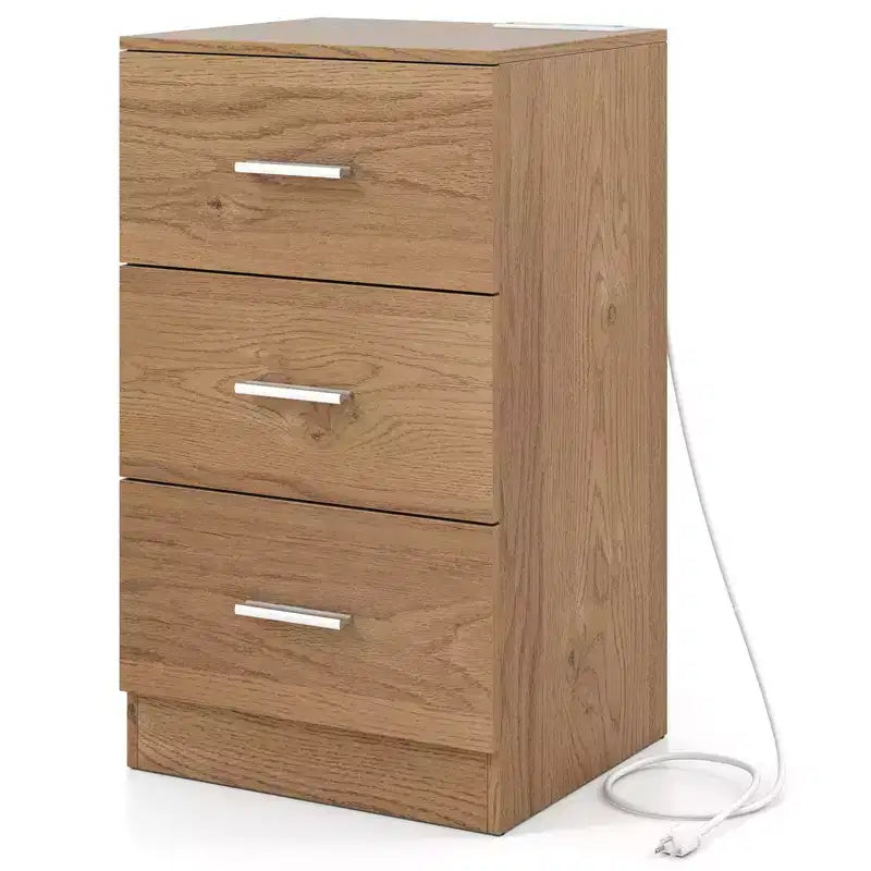 Costway 1/2 PCS Nightstand with Charging Station, 3 Storage Drawers for Bedroom, Living Room White/Black/Natural