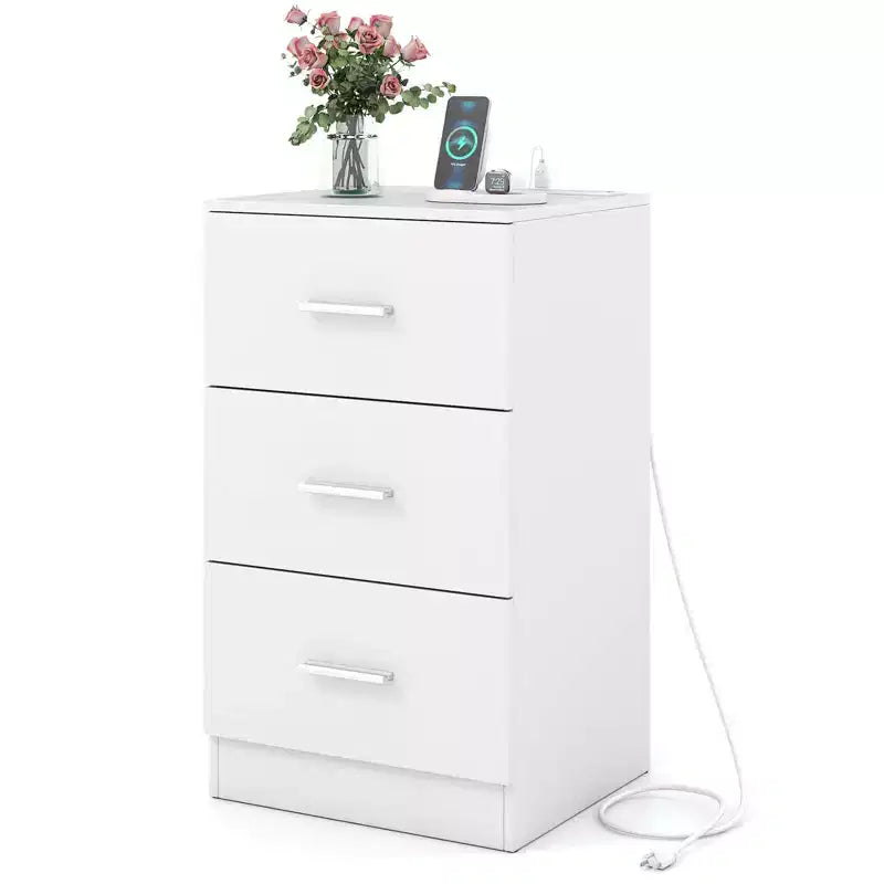 Costway 1/2 PCS Nightstand with Charging Station, 3 Storage Drawers for Bedroom, Living Room White/Black/Natural