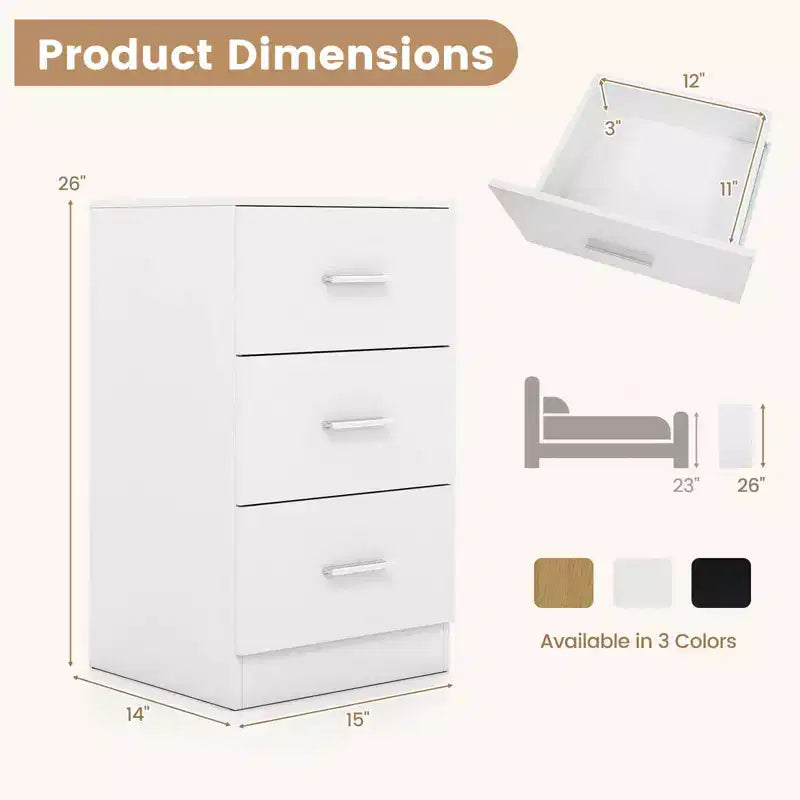 Costway 1/2 PCS Nightstand with Charging Station, 3 Storage Drawers for Bedroom, Living Room White/Black/Natural