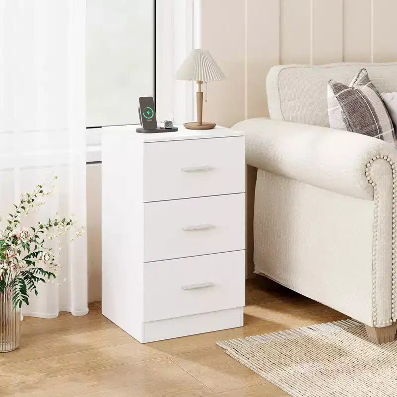 Costway 1/2 PCS Nightstand with Charging Station, 3 Storage Drawers for Bedroom, Living Room White/Black/Natural