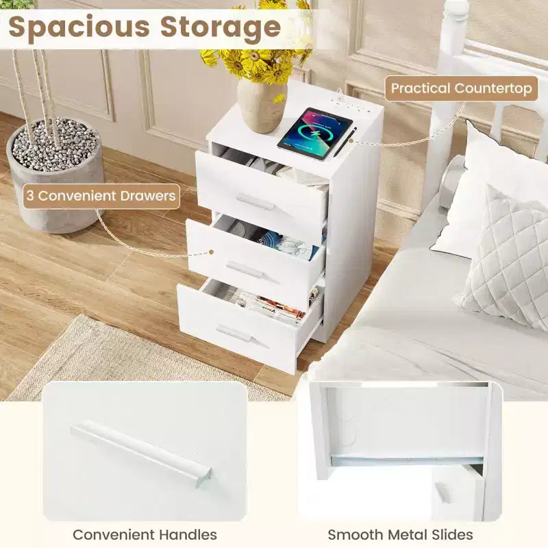 Costway 1/2 PCS Nightstand with Charging Station, 3 Storage Drawers for Bedroom, Living Room White/Black/Natural