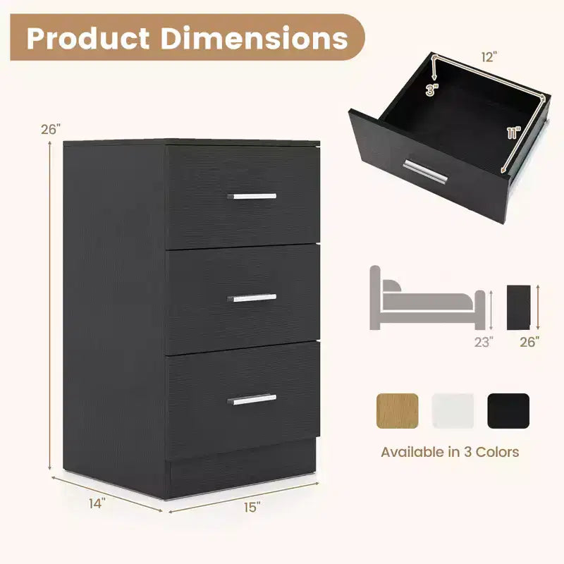 Costway 1/2 PCS Nightstand with Charging Station, 3 Storage Drawers for Bedroom, Living Room White/Black/Natural