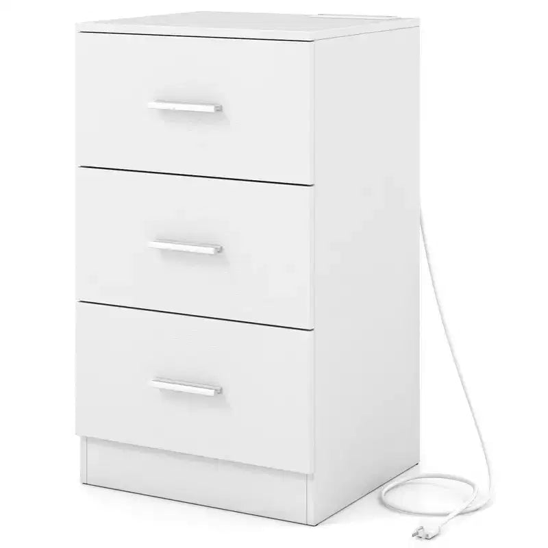 Costway 1/2 PCS Nightstand with Charging Station, 3 Storage Drawers for Bedroom, Living Room White/Black/Natural