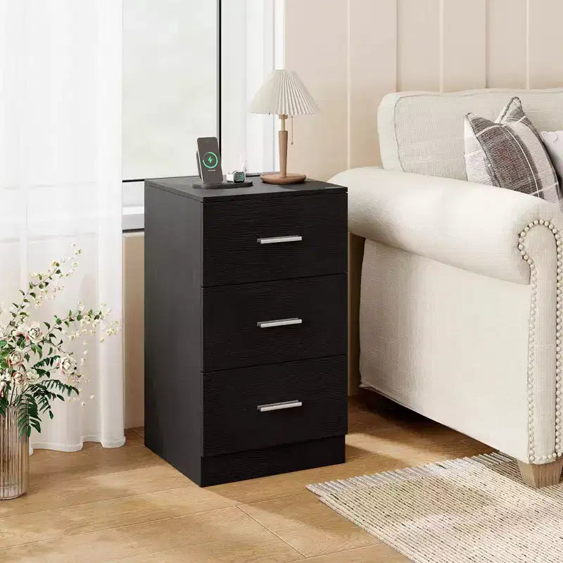Costway 1/2 PCS Nightstand with Charging Station, 3 Storage Drawers for Bedroom, Living Room White/Black/Natural