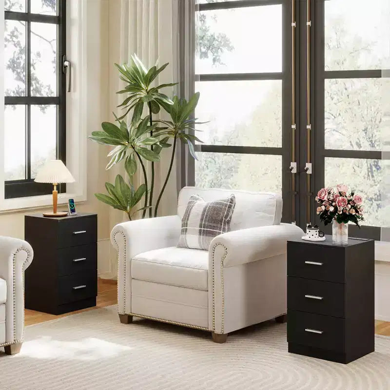 Costway 1/2 PCS Nightstand with Charging Station, 3 Storage Drawers for Bedroom, Living Room White/Black/Natural