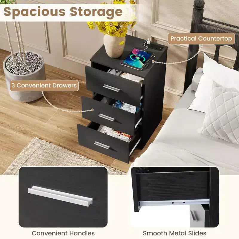 Costway 1/2 PCS Nightstand with Charging Station, 3 Storage Drawers for Bedroom, Living Room White/Black/Natural