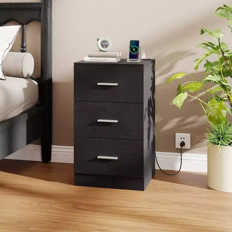 Costway 1/2 PCS Nightstand with Charging Station, 3 Storage Drawers for Bedroom, Living Room White/Black/Natural