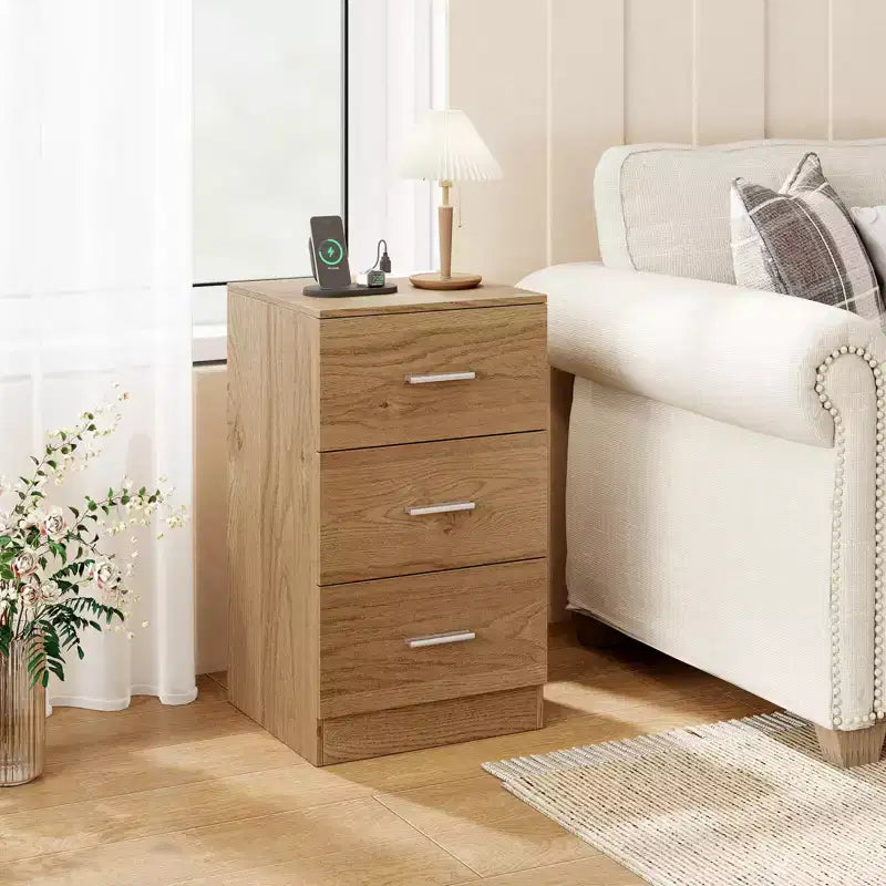 Costway 1/2 PCS Nightstand with Charging Station, 3 Storage Drawers for Bedroom, Living Room White/Black/Natural