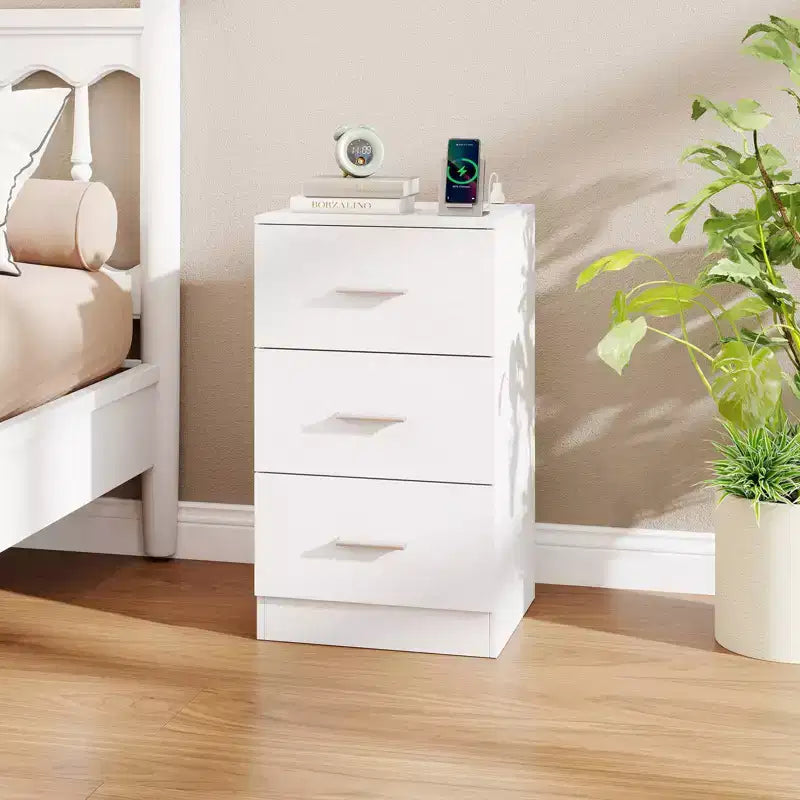 Costway 1/2 PCS Nightstand with Charging Station, 3 Storage Drawers for Bedroom, Living Room White/Black/Natural