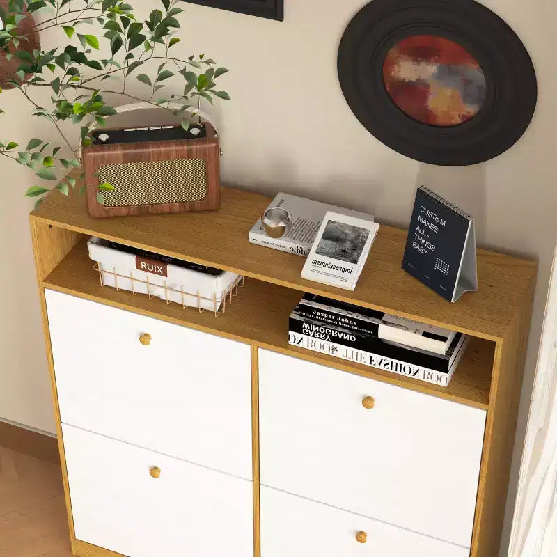 CLIHOME Freestanding Shoe Storage Cabinet with Anti-tip Fitting, Shoe Rack Organizer Cabinet with Wooden Handle