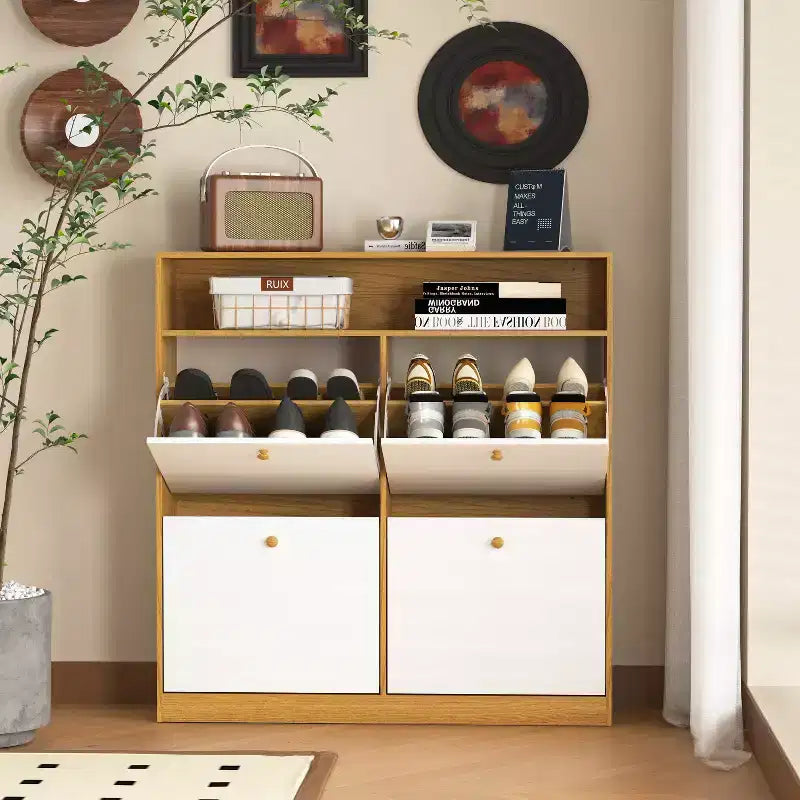 CLIHOME Freestanding Shoe Storage Cabinet with Anti-tip Fitting, Shoe Rack Organizer Cabinet with Wooden Handle