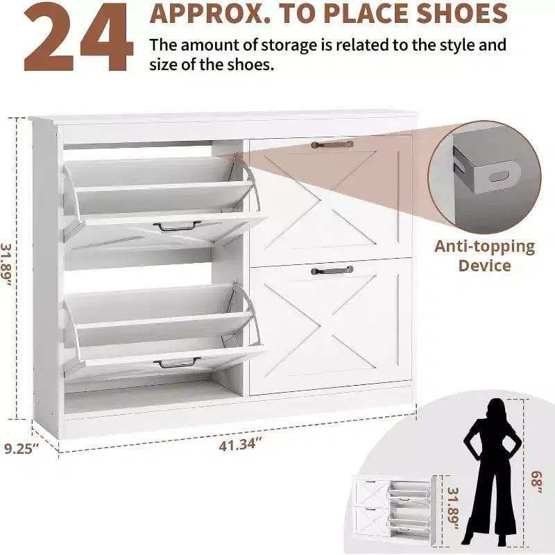 Farmhouse Shoe Cabinet with 4 Flip Drawers, 41 Wide Entryway Shoe Storage Cabinet, Narrow Freestanding Wooden Organizer Rack, White