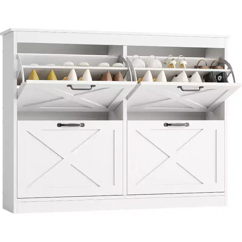 Farmhouse Shoe Cabinet with 4 Flip Drawers, 41 Wide Entryway Shoe Storage Cabinet, Narrow Freestanding Wooden Organizer Rack, White