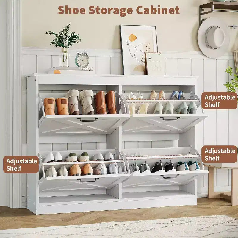 Farmhouse Shoe Cabinet with 4 Flip Drawers, 41 Wide Entryway Shoe Storage Cabinet, Narrow Freestanding Wooden Organizer Rack, White