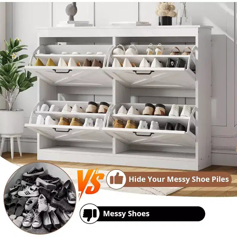 Farmhouse Shoe Cabinet with 4 Flip Drawers, 41 Wide Entryway Shoe Storage Cabinet, Narrow Freestanding Wooden Organizer Rack, White