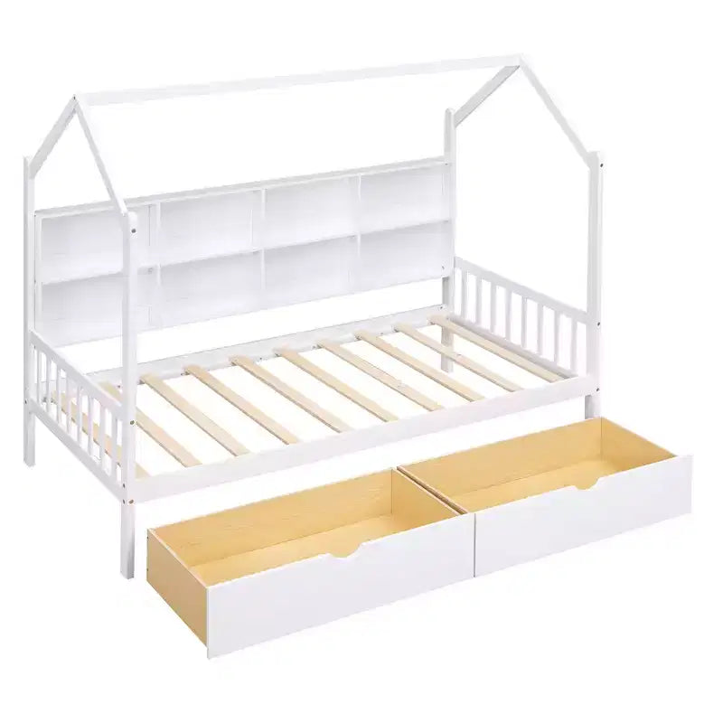 Wooden Twin Size House Bed With 2 Drawers, Storage Shelf Kids' Bed, Multifunctional Sky Roof House Bed Frame, White_Twin Size 1