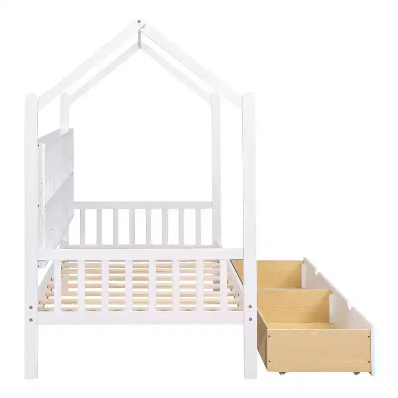 Wooden Twin Size House Bed With 2 Drawers, Storage Shelf Kids' Bed, Multifunctional Sky Roof House Bed Frame, White_Twin Size 1