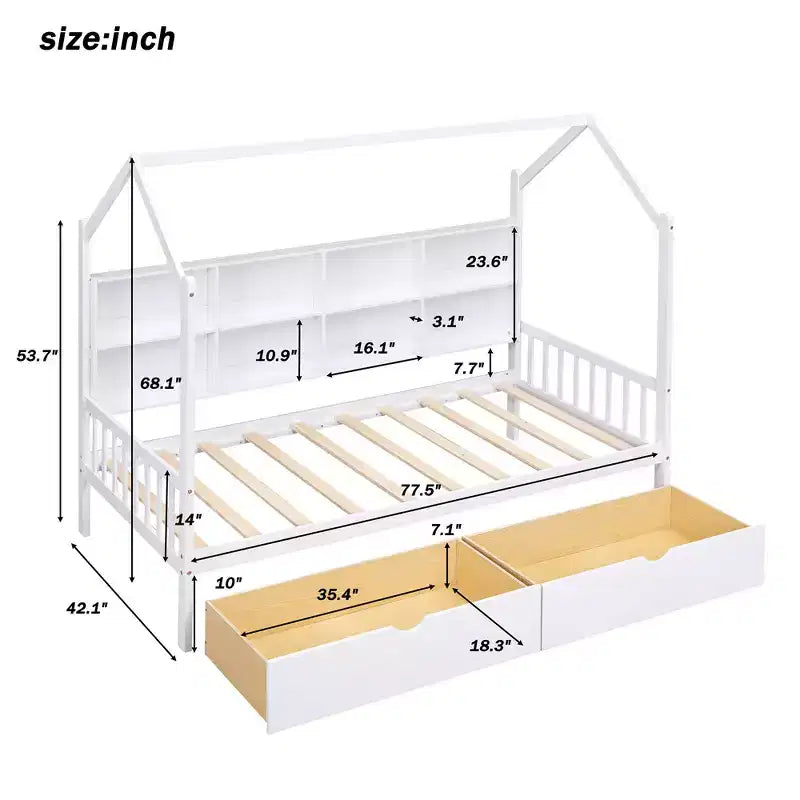 Wooden Twin Size House Bed With 2 Drawers, Storage Shelf Kids' Bed, Multifunctional Sky Roof House Bed Frame, White_Twin Size 1
