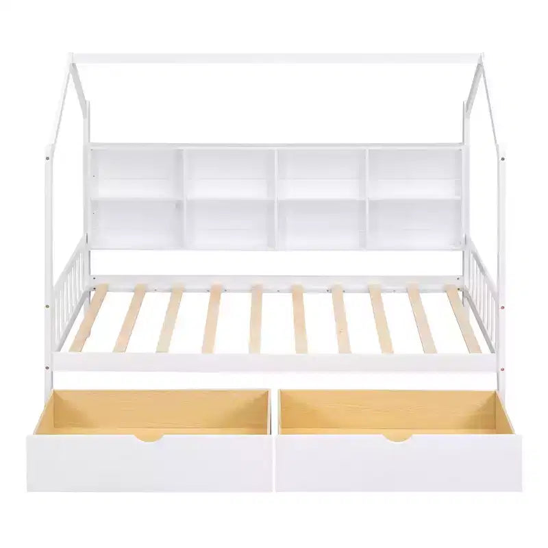 Wooden Twin Size House Bed With 2 Drawers, Storage Shelf Kids' Bed, Multifunctional Sky Roof House Bed Frame, White_Twin Size 1