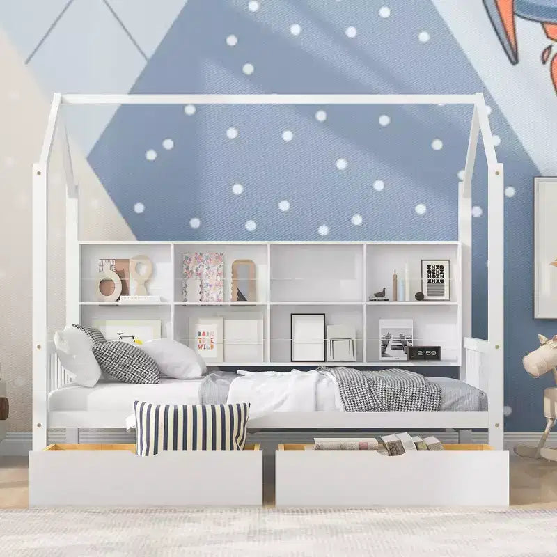 Wooden Twin Size House Bed With 2 Drawers, Storage Shelf Kids' Bed, Multifunctional Sky Roof House Bed Frame, White_Twin Size 1
