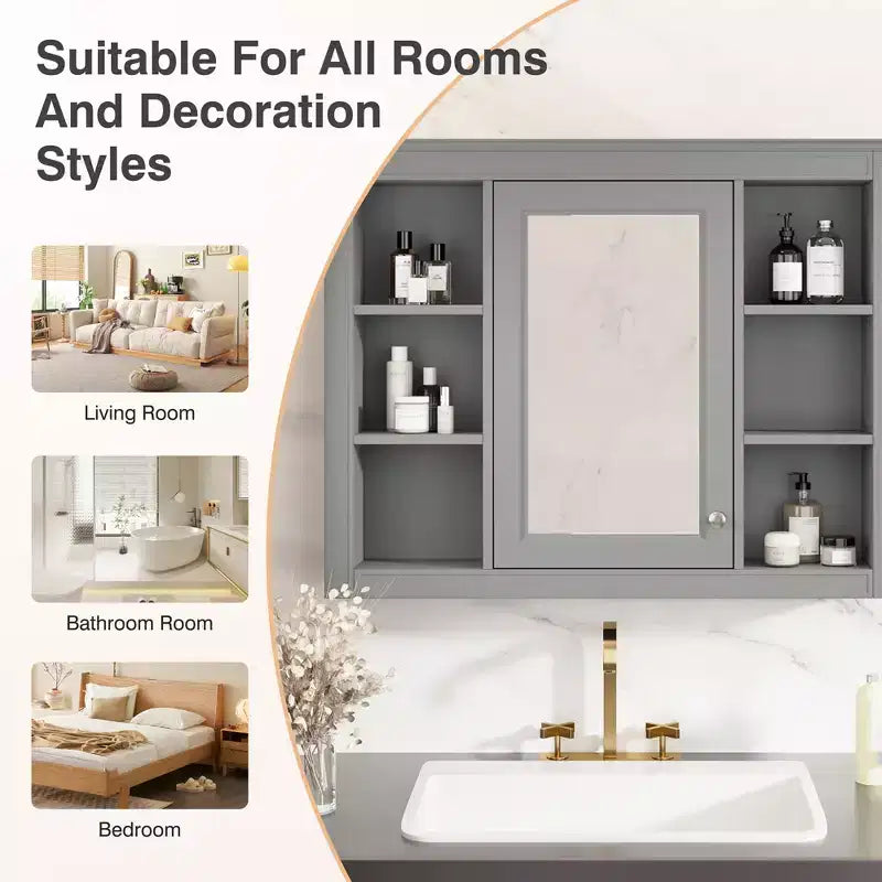FAMYYT 35 in. W x 27.5 in. H Rectangular MDF Board Surface Mount Bathroom Medicine Cabinet with Mirror, Soft-Close Hinge