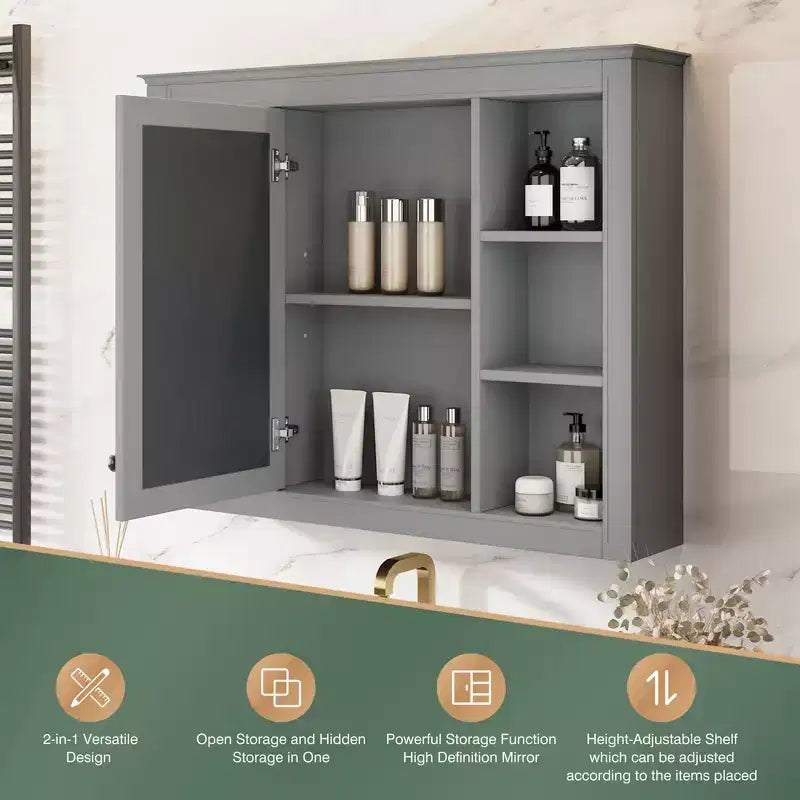 FAMYYT 35 in. W x 27.5 in. H Rectangular MDF Board Surface Mount Bathroom Medicine Cabinet with Mirror, Soft-Close Hinge
