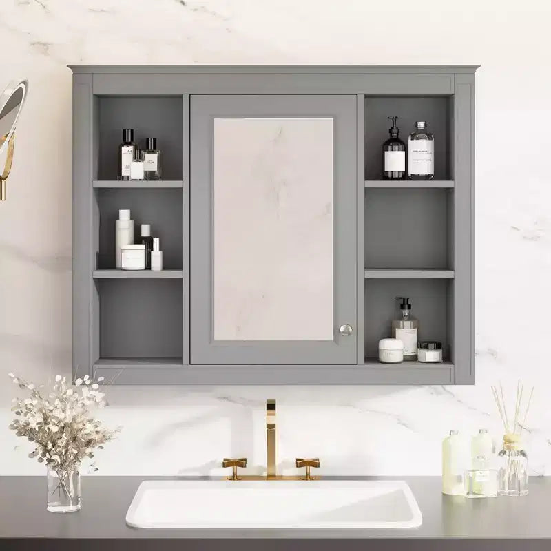 FAMYYT 35 in. W x 27.5 in. H Rectangular MDF Board Surface Mount Bathroom Medicine Cabinet with Mirror, Soft-Close Hinge