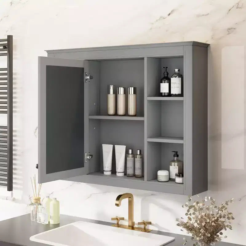 FAMYYT 35 in. W x 27.5 in. H Rectangular MDF Board Surface Mount Bathroom Medicine Cabinet with Mirror, Soft-Close Hinge
