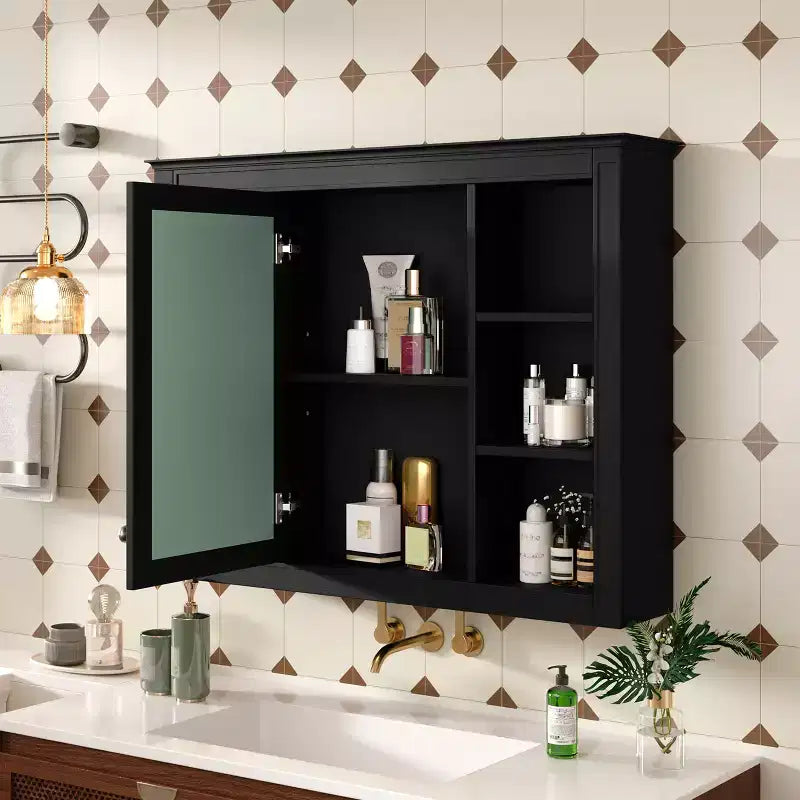 FAMYYT 35 in. W x 27.5 in. H Rectangular MDF Board Surface Mount Bathroom Medicine Cabinet with Mirror, Soft-Close Hinge