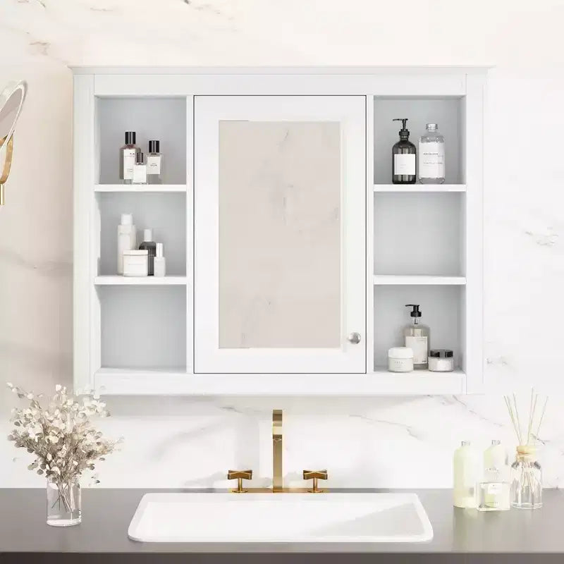 FAMYYT 35 in. W x 27.5 in. H Rectangular MDF Board Surface Mount Bathroom Medicine Cabinet with Mirror, Soft-Close Hinge