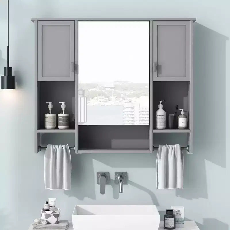 FAMYYT 35 in. W x 28 in. H Rectangular MDF Board Surface Mount Bathroom Medicine Cabinet with Mirror, Towels Bar