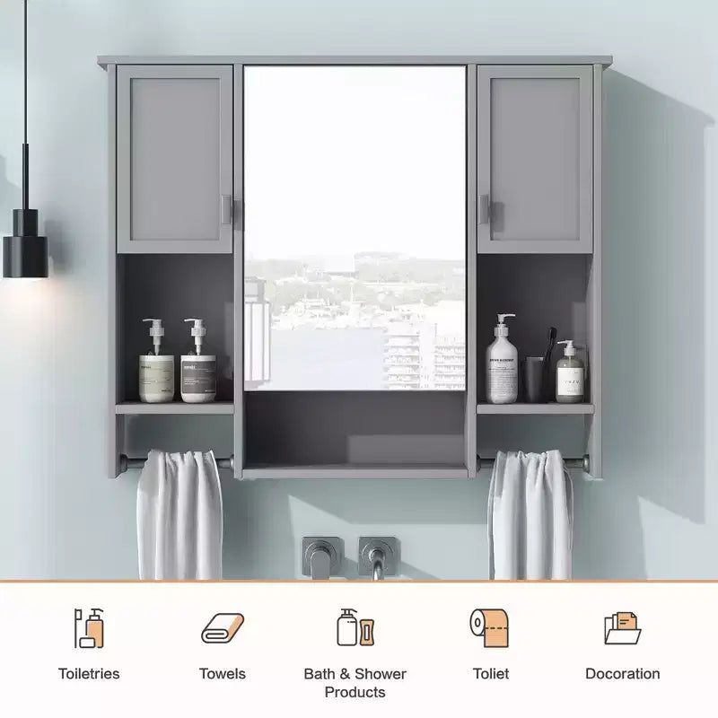 FAMYYT 35 in. W x 28 in. H Rectangular MDF Board Surface Mount Bathroom Medicine Cabinet with Mirror, Towels Bar