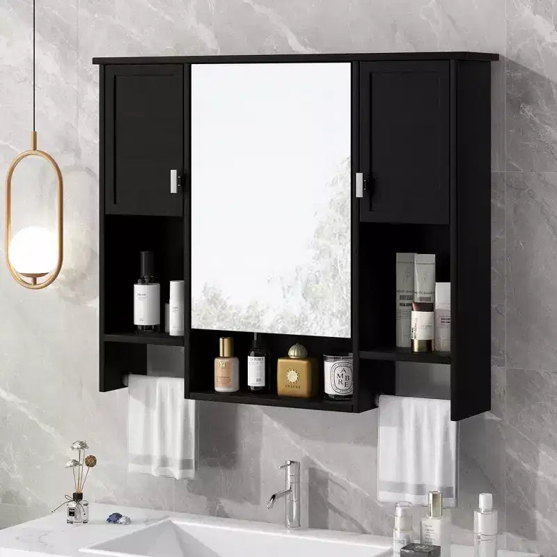FAMYYT 35 in. W x 28 in. H Rectangular MDF Board Surface Mount Bathroom Medicine Cabinet with Mirror, Towels Bar