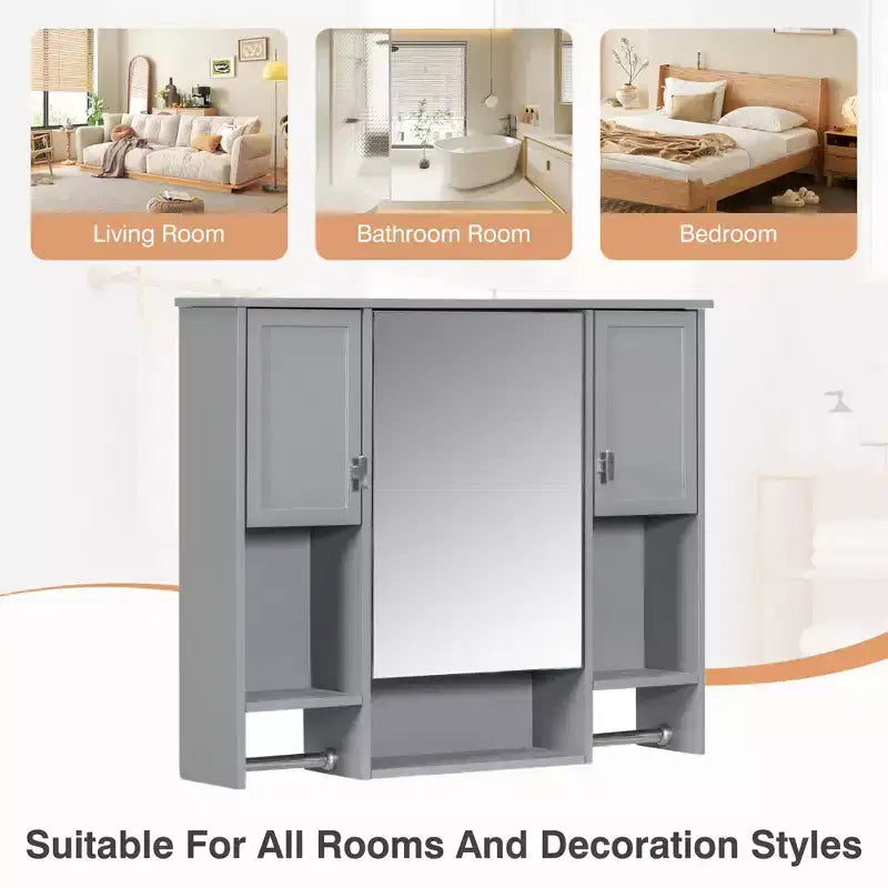 FAMYYT 35 in. W x 28 in. H Rectangular MDF Board Surface Mount Bathroom Medicine Cabinet with Mirror, Towels Bar