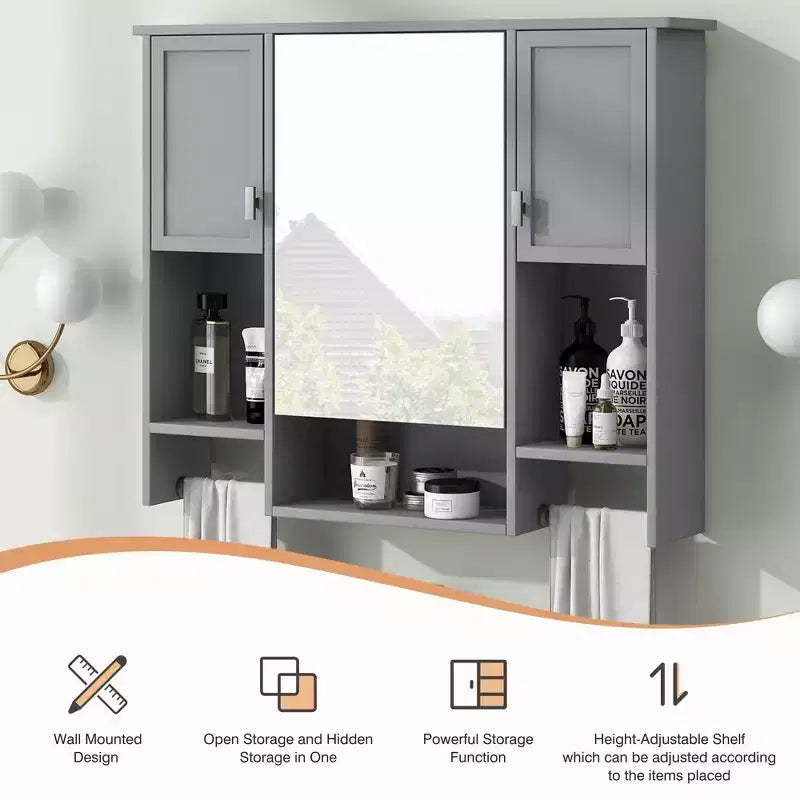 FAMYYT 35 in. W x 28 in. H Rectangular MDF Board Surface Mount Bathroom Medicine Cabinet with Mirror, Towels Bar