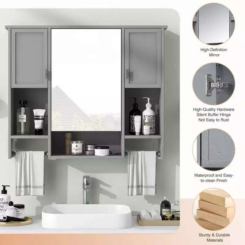 FAMYYT 35 in. W x 28 in. H Rectangular MDF Board Surface Mount Bathroom Medicine Cabinet with Mirror, Towels Bar