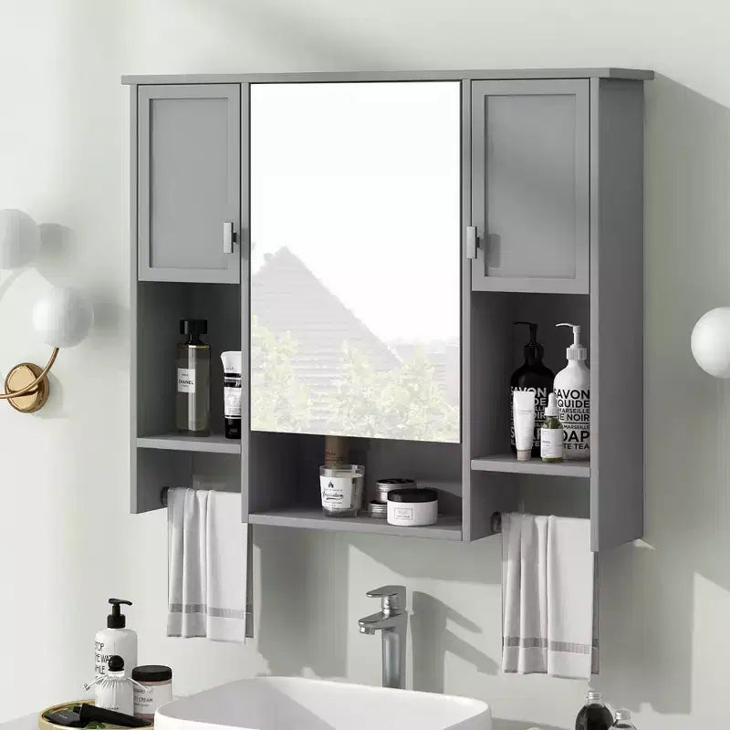 FAMYYT 35 in. W x 28 in. H Rectangular MDF Board Surface Mount Bathroom Medicine Cabinet with Mirror, Towels Bar